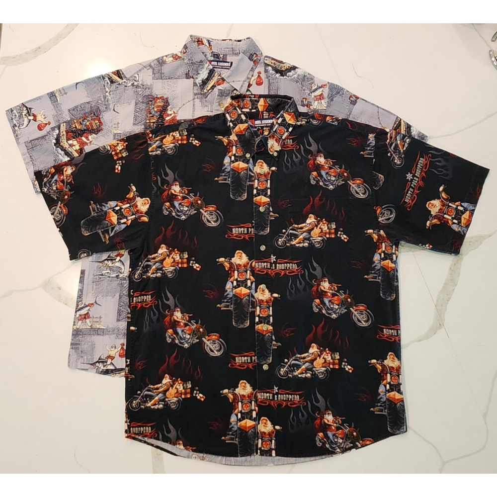 Lot of 2 Reel Legends North Pole Choppers Santa Biker Button Down Shirts L